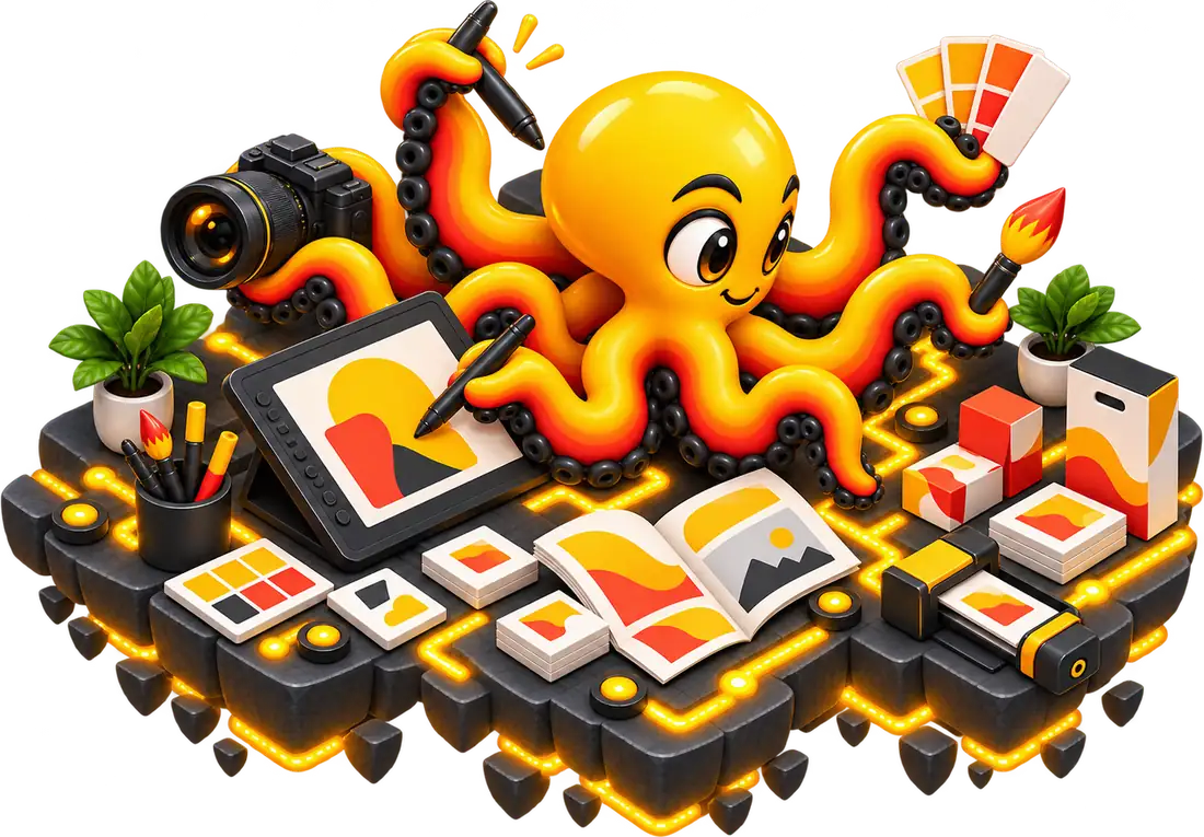 The octopus designing on an isometric island with a drawing tablet, colour swatches, a camera and print samples