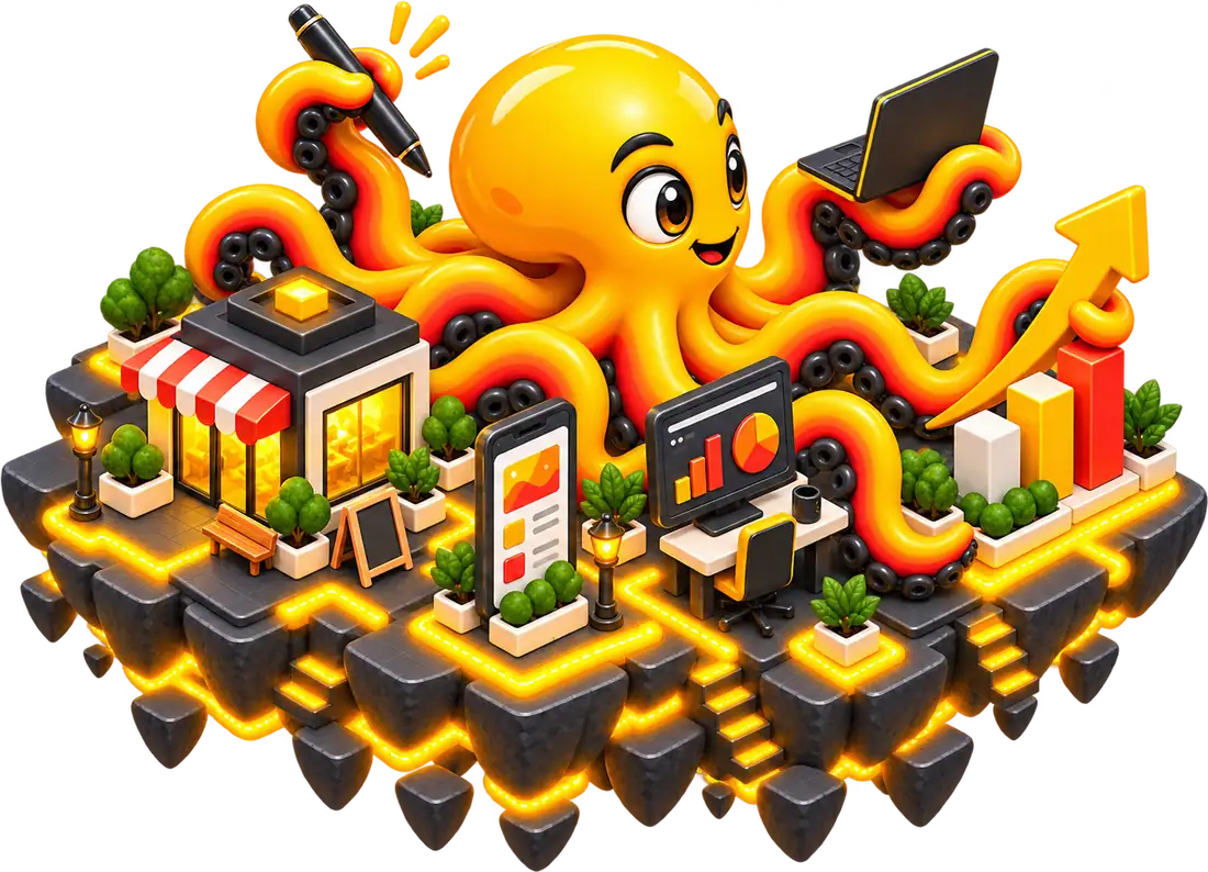 The octopus beside a shop front, a phone and a rising growth chart on an isometric island
