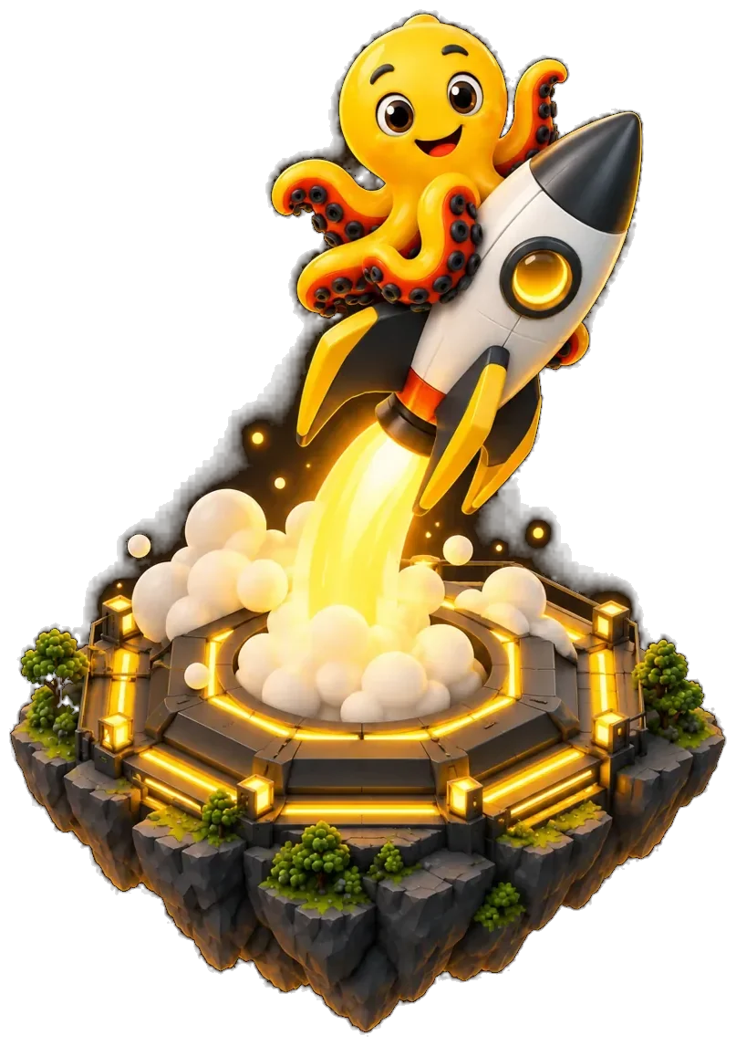 The IN SYNC octopus riding a rocket as it lifts off from a glowing launch pad on a floating island