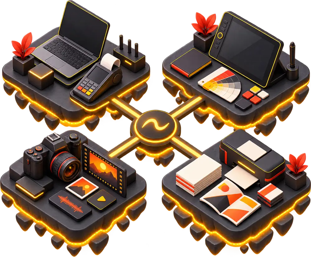 Four connected isometric platforms for technology, design, digital media and print, joined at a glowing hub