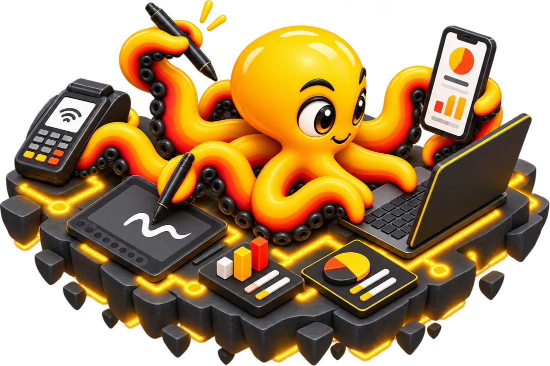 The octopus at work with a card machine, a pen tablet, a phone and a laptop on an isometric island