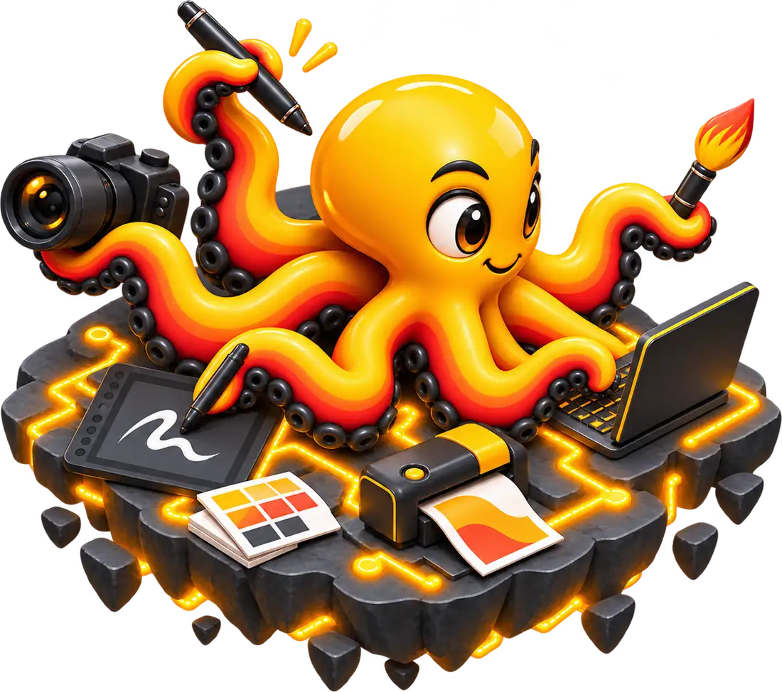 The IN SYNC octopus on a floating isometric island, holding a laptop, a camera, a pen tablet and a brush