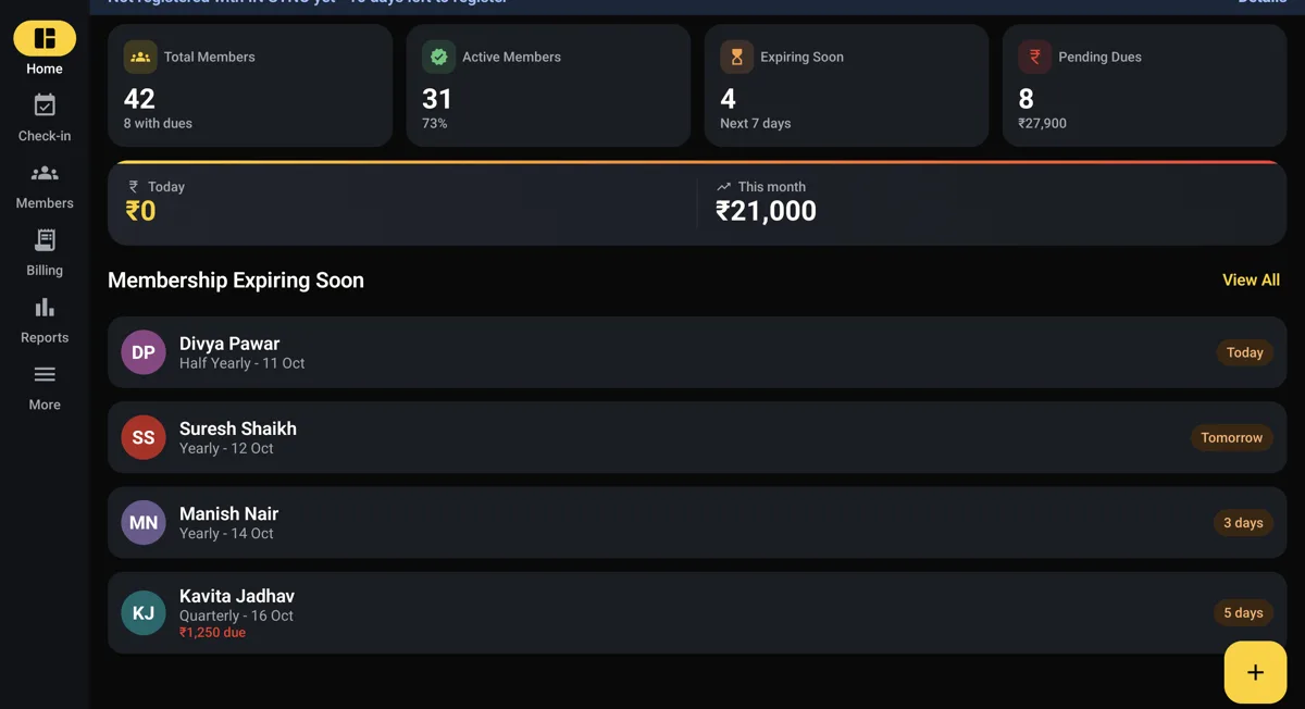 Gym Billing Pro dashboard with members, renewals due and today’s collection